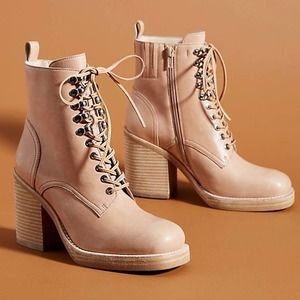Jeffrey Campbell Dotti Leather Lace-Up Block Heel Ankle Combat Boot in Beige